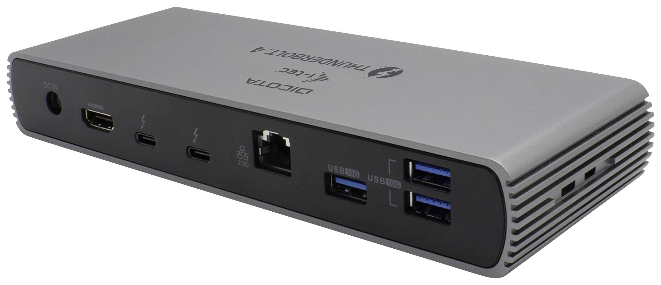 Eine graue Dockingstation mit mehreren Anschlüssen: HDMI, Thunderbolt, Ethernet und USB. Entwickelt für vielseitige Geräteverbindungen.