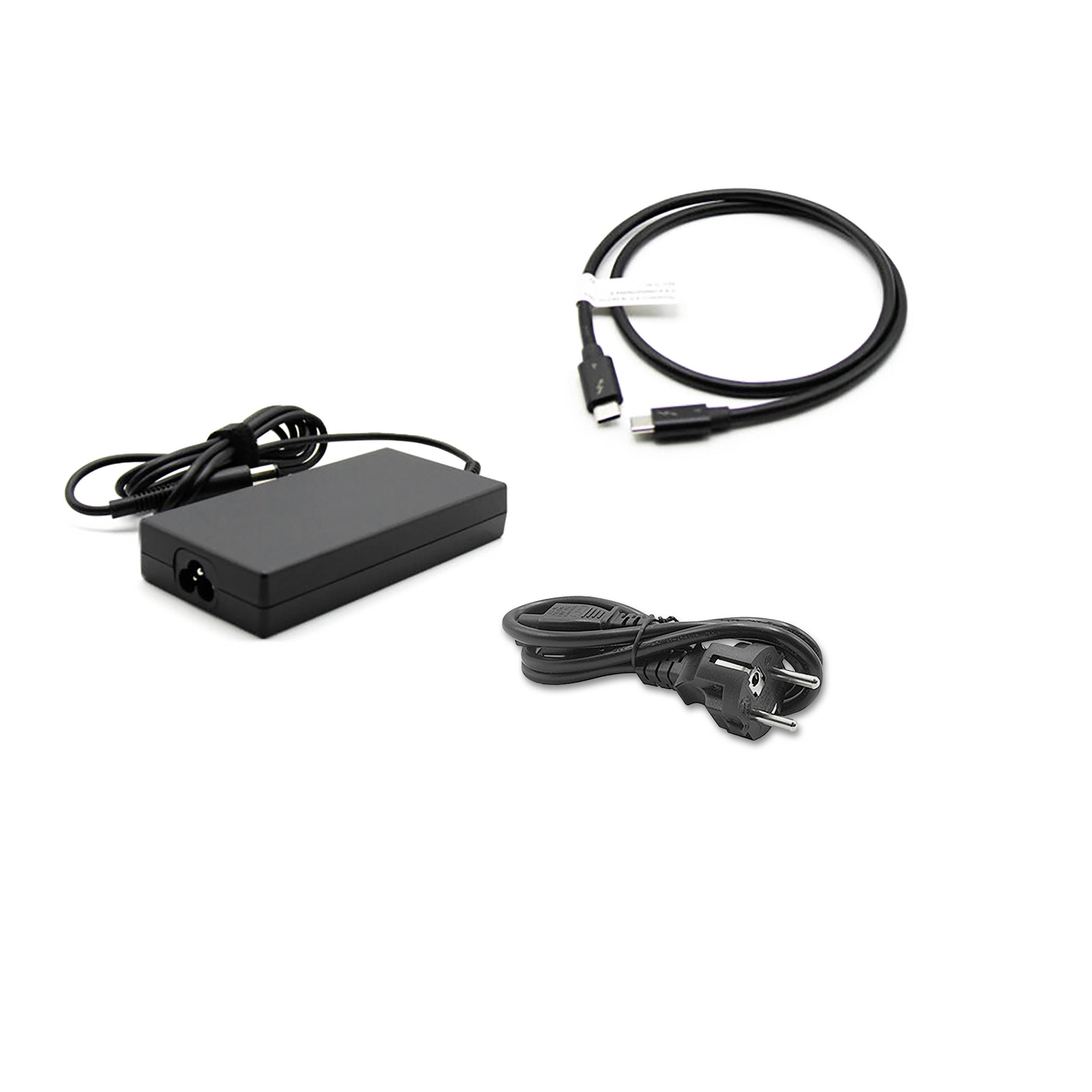 Ein schwarzes Laptop-Ladegerät mit zwei Kabeln: einem USB-Kabel und einem Stromkabel mit Eurostecker, auf weißem Hintergrund.