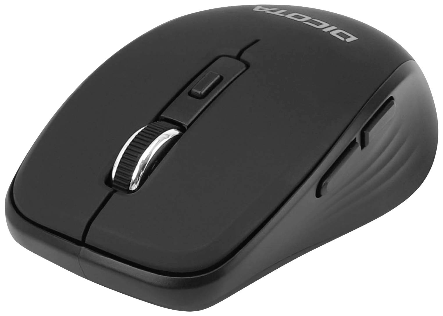 Schwarze kabellose Computermaus mit Scrollrad und zwei Seitentasten.