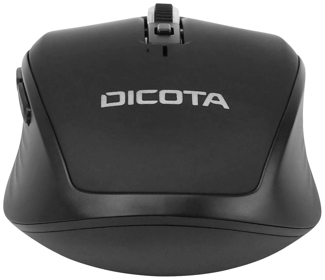 Eine schwarze, ergonomische Computermaus mit dem Aufdruck 'DICOTA' auf der Oberseite.