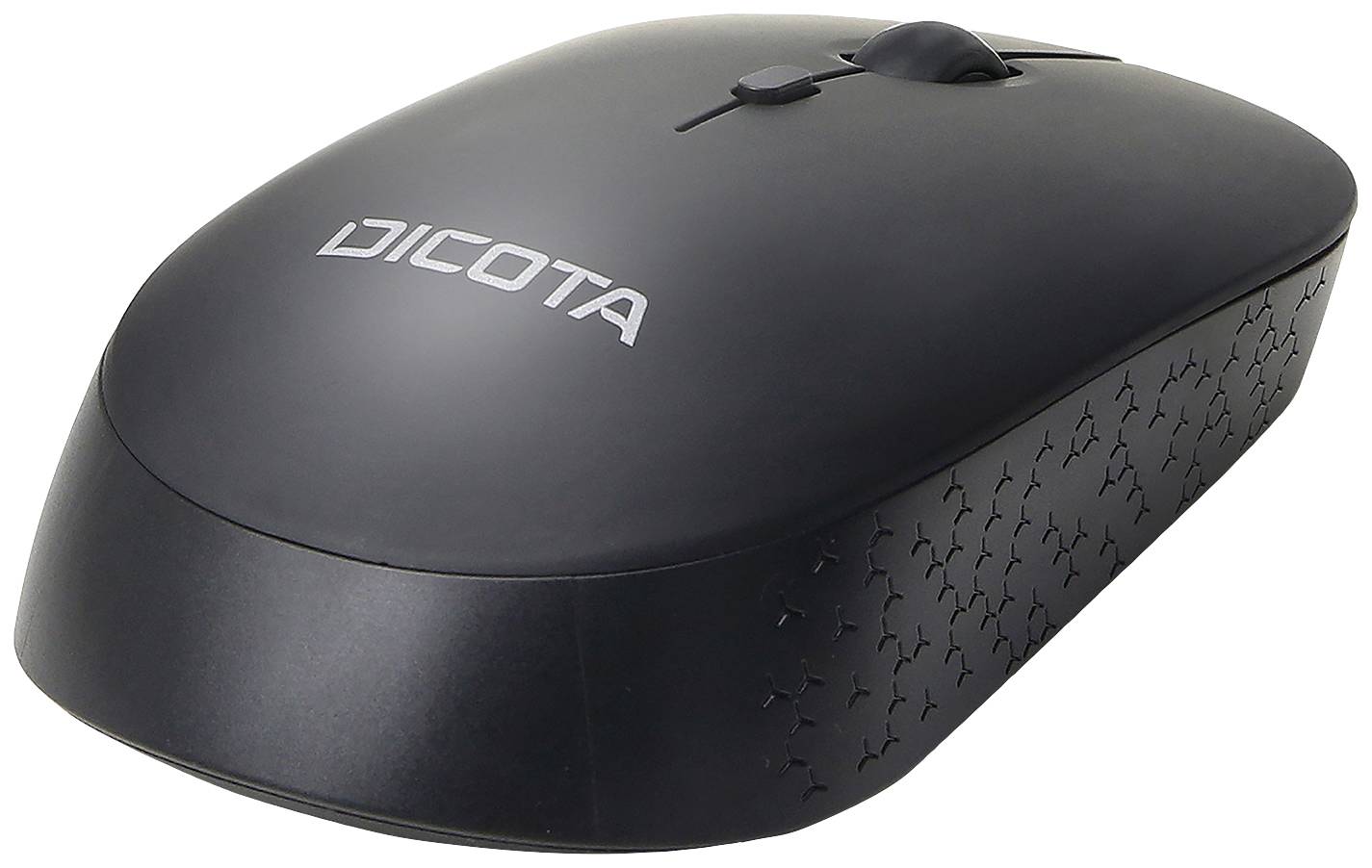 Schwarze kabellose Computermaus mit der Aufschrift 'DICOTA'. Ergonomisches Design mit strukturierten Seiten und Scrollrad oben.