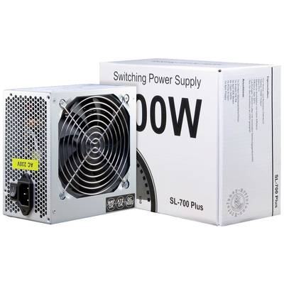 Ein silbernes PC-Netzteil mit Lüfter neben einer Verpackung mit der Aufschrift 'Switching Power Supply 700W SL-700 Plus'.