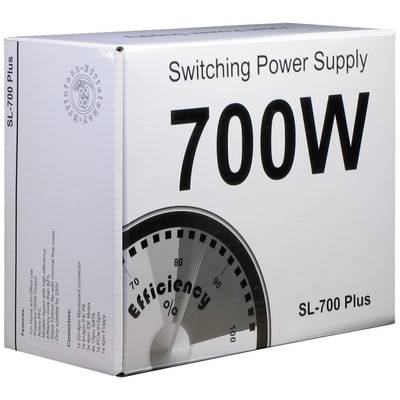 Stromversorgungsgerät mit 700W Leistung. Verpackung zeigt ein Effizienzdiagramm und das Modell SL-700 Plus.