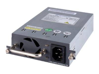 Netzteil im rechteckigen Metallgehäuse mit Lüfter und Anschlussdetails, geeignet für elektrische Geräte.