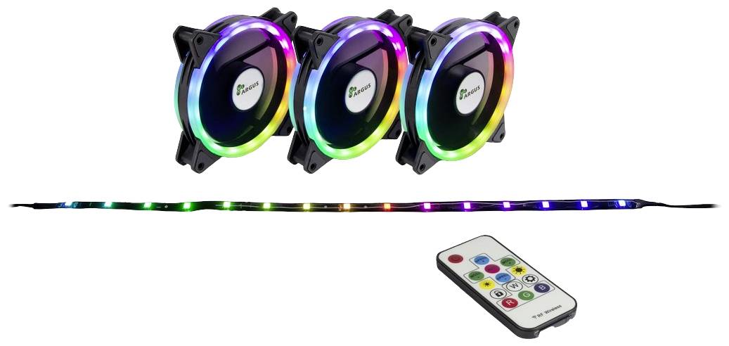 'Drei RGB-Lüfter, ein RGB-LED-Streifen und eine Fernbedienung zur Steuerung, dargestellt. Produkte in leuchtenden Farben.'