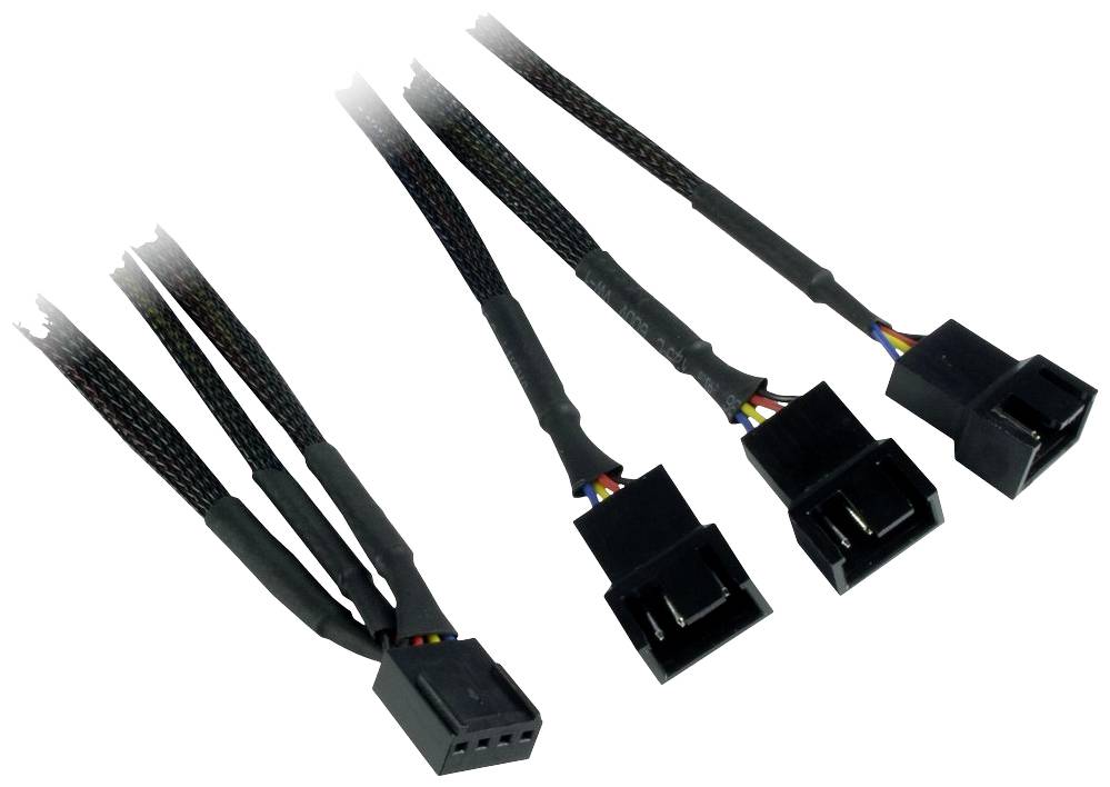 Vier schwarze Lüfterkabel mit Steckverbindern, die für den Anschluss von Computerkomponenten verwendet werden.