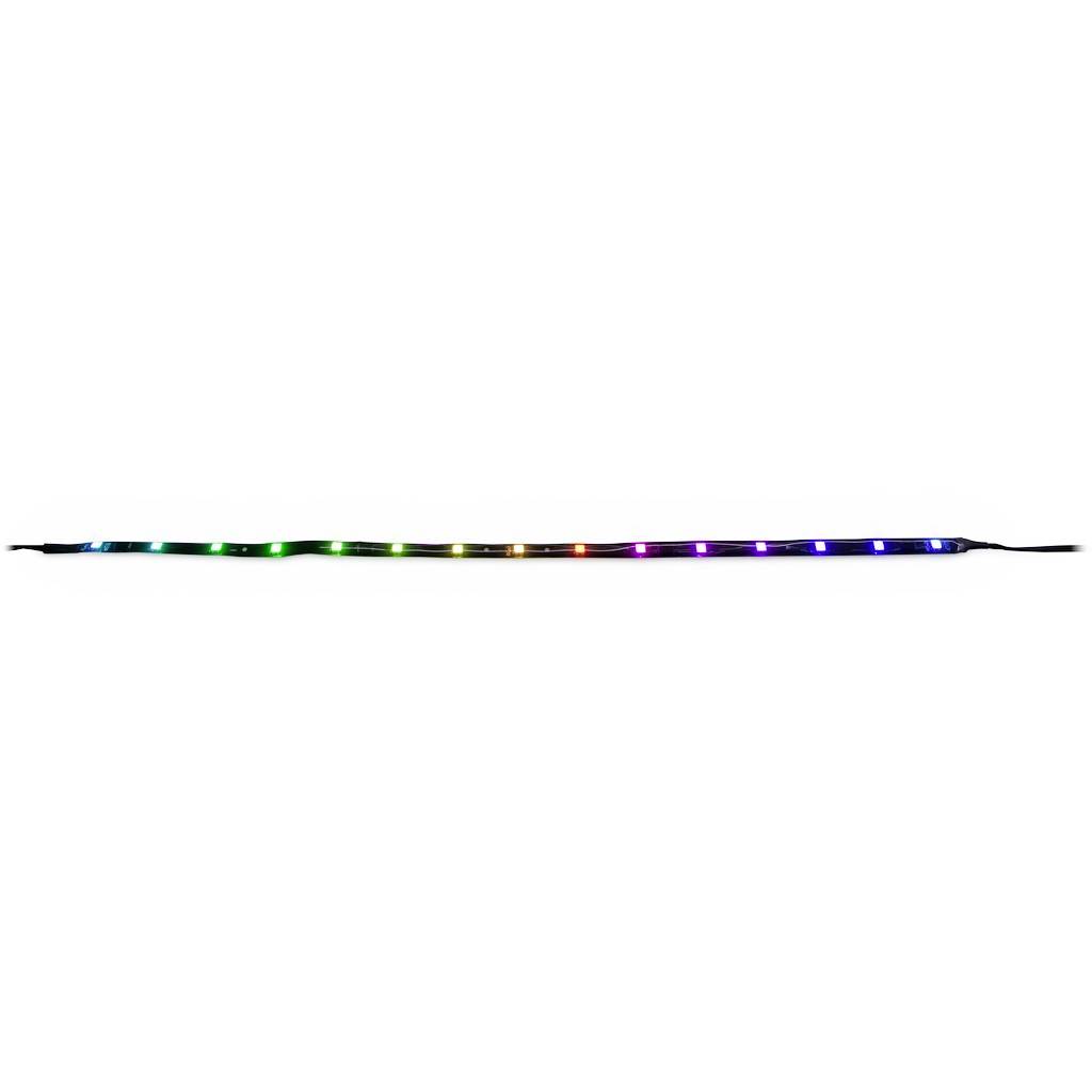 Ein LED-Lichtstreifen mit wechselnden Farben in Regenbogenreihenfolge auf weißem Hintergrund.