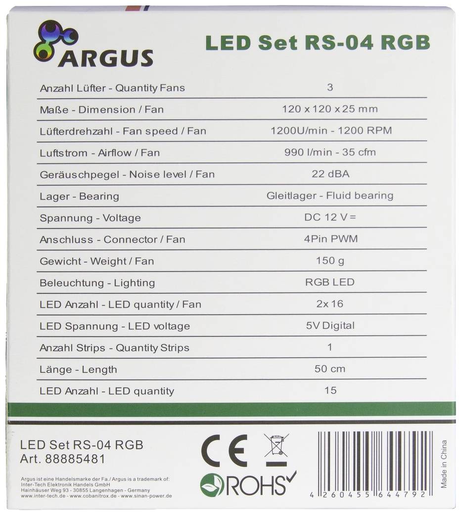 'Verpackungsrückseite eines LED-Set RS-04 RGB. Details: 3 Lüfter, 120x120x25 mm, 1200 U/min, Luftstrom 92 m³/h, Lärm 22 dBA, 4Pin PWM.'