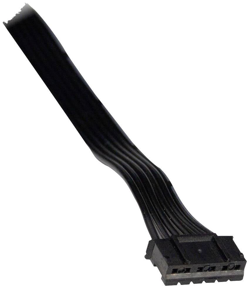 Schwarzes Flachbandkabel mit Kunststoffstecker, häufig in Computergehäusen zum Verbinden von Komponenten verwendet.