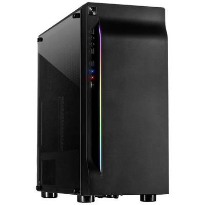 Ein schwarzes Computergehäuse mit seitlichem Glasfenster und vertikalen LED-Leuchten an der Vorderseite.