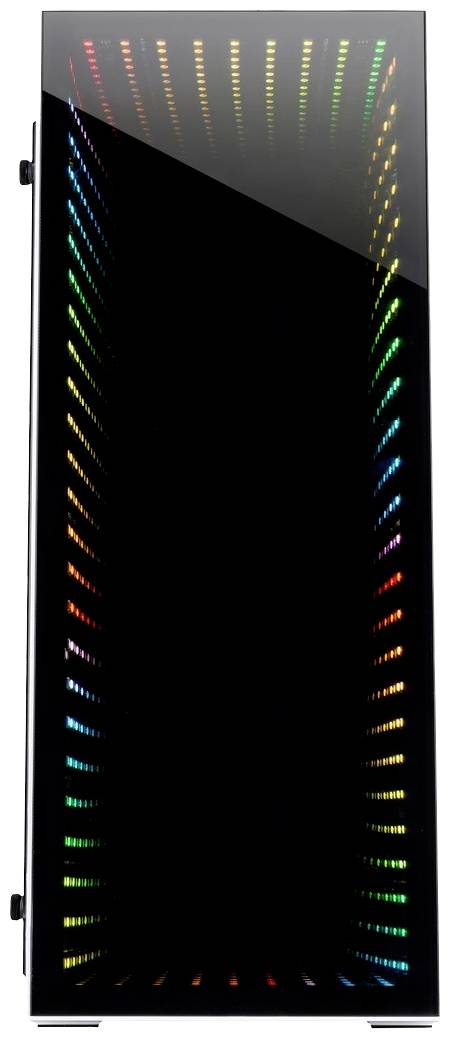 Computergehäuse mit Glasfront und farbiger LED-Beleuchtung in einem kaleidoskopischen Muster auf der Vorderseite.