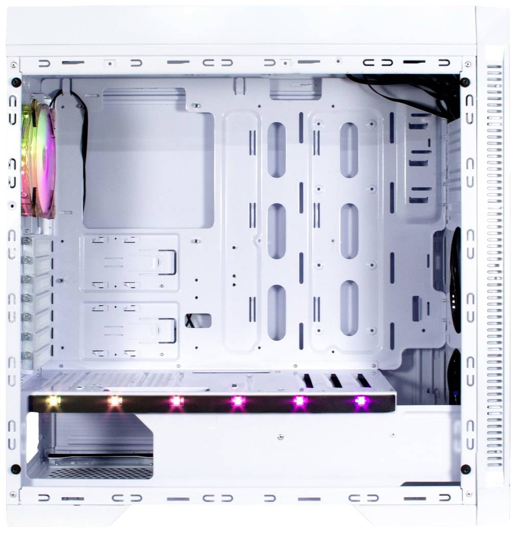 Leereres Computergehäuse mit integriertem Ventilator und RGB-Beleuchtung im Inneren, bereit für Komponenteninstallation.