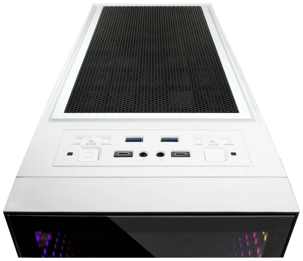 Ein weißes Computergehäuse mit schwarzem Gitter oben und mehreren USB-Anschlüssen sowie Bedientasten auf der Oberseite.