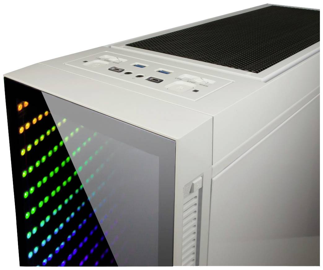 Weiße Computergehäuse mit RGB-beleuchtetem Frontpanel und mehreren Anschlussmöglichkeiten auf der Oberseite.