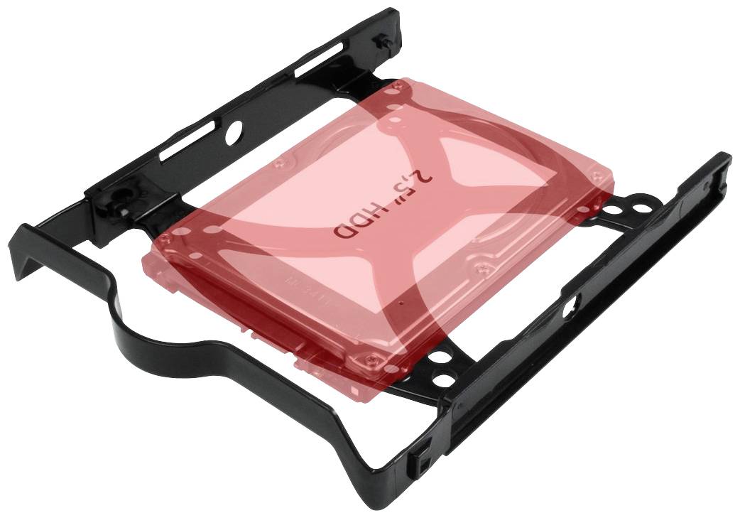 Ein schwarzer Festplattenrahmen, der zeigt, wie ein 2,5-Zoll-HDD-Laufwerk (in rot dargestellt) eingesetzt wird.