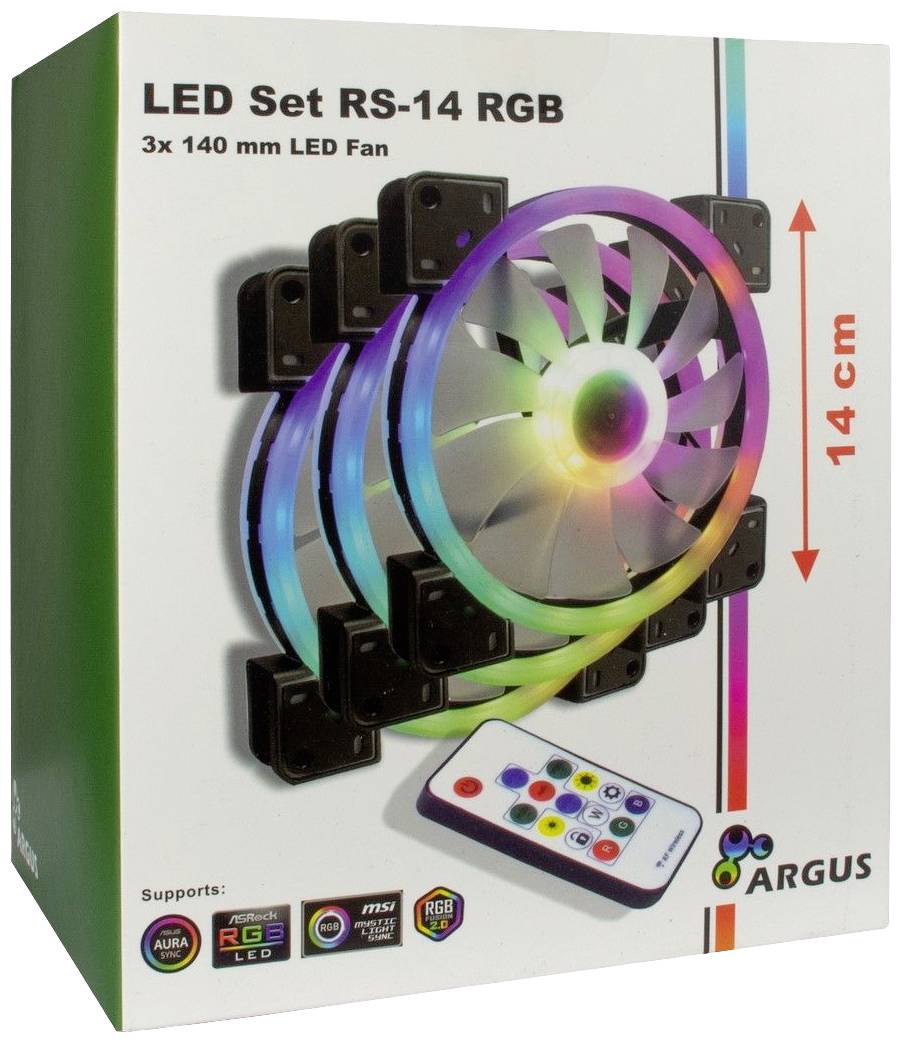 Verpackung eines LED Set RS-14 RGB mit 3x 140 mm LED-Lüfter und Fernbedienung. Unterstützt: Aura Sync, MSI Mystic, RGB Fusion.