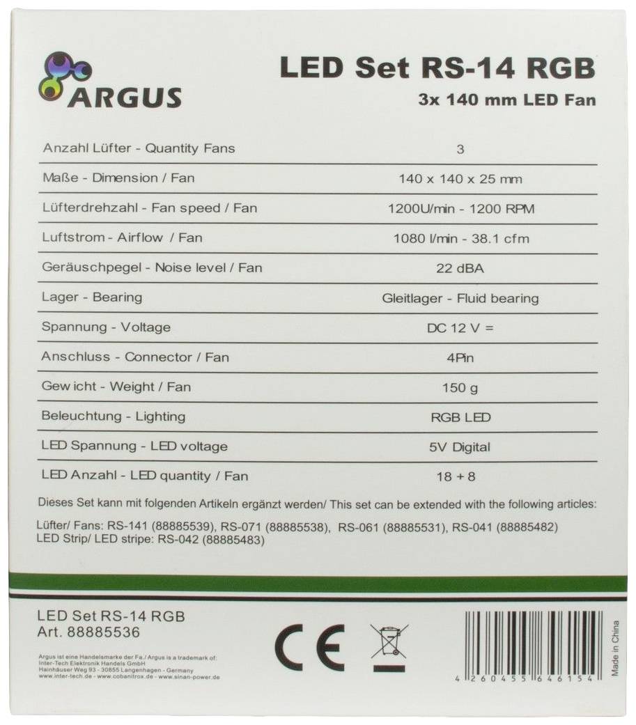 'LED Set RS-14 RGB', Verpackung mit Produktspezifikationen: Anzahl Lüfter, Maße, Spannung und Beleuchtung. Enthält drei 140 mm LED-Lüfter.
