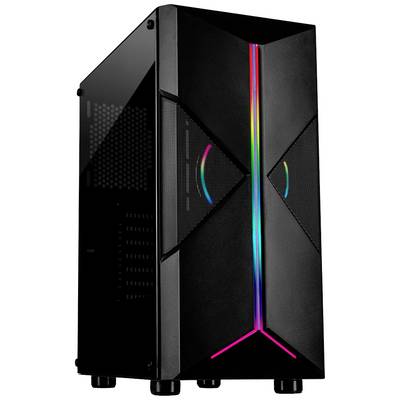 Ein schwarzes PC-Gehäuse mit transparentem Seitenfenster und bunter RGB-Beleuchtung an der Vorderseite, geeignet für Gaming-Setups.