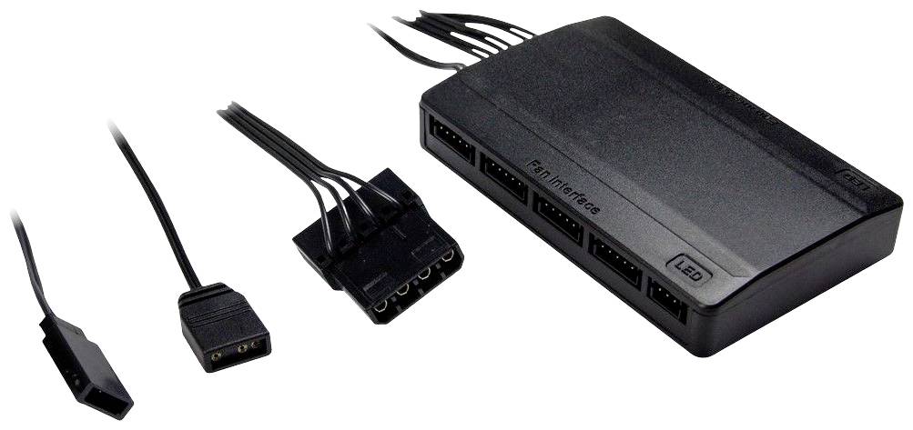 Ein schwarzer RGB-Lüfter-Hub mit mehreren Anschlüssen und Kabeln zur Steuerung von Beleuchtung und Lüftergeschwindigkeit in Computern.