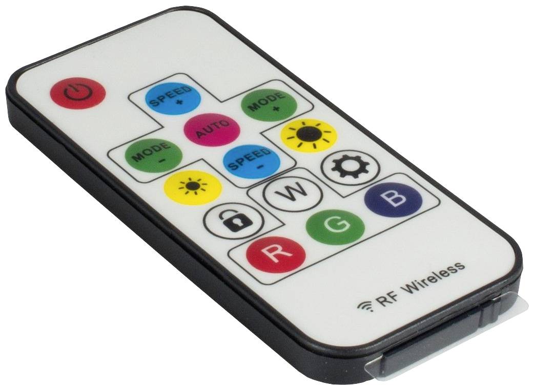 Eine RF Wireless-Fernbedienung mit farbigen Tasten zur Steuerung von LED-Lichtern. Tasten: An/Aus, Modus, Geschwindigkeit, RGB, Weiß.