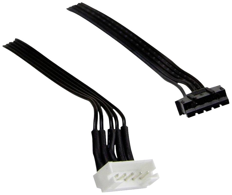 'Zwei elektrische Kabel mit Steckverbindern an den Enden. Eines hat einen weißen 4-Pin-Stecker, das andere einen schwarzen 6-Pin-Stecker.'