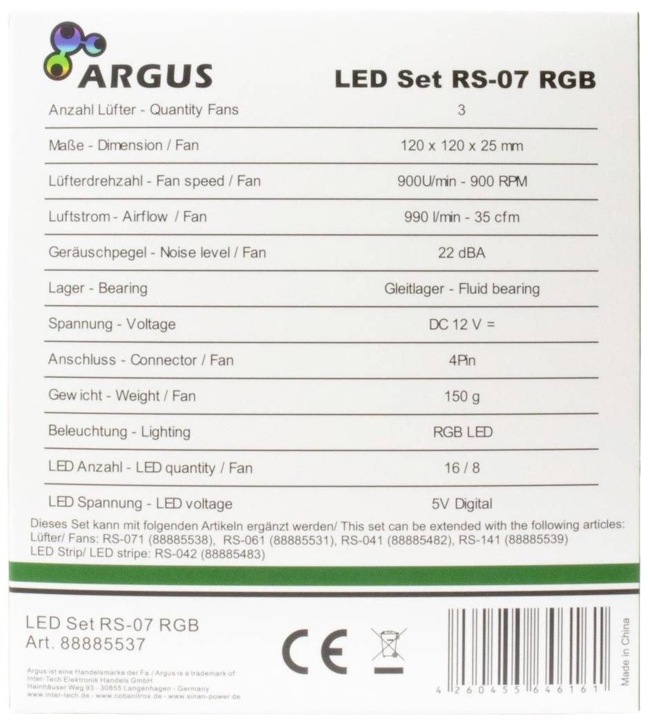 'ARGUS LED Set RS-07 RGB' Verpackung mit Spezifikationen: 3 Lüfter, 120x120x25 mm, 900-1900 U/min, 22 dBA, 12V. Made in China.