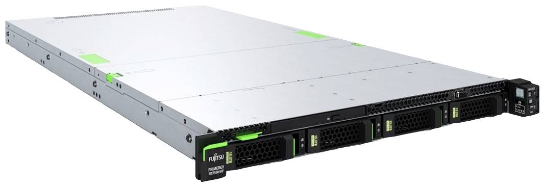 'Fujitsu Primergy RX1330 M4' Server in einem flachen Gehäuse; vorne Lüftungsgitter und LEDs zur Anzeige des Betriebsstatus. Designed für effiziente Datenverarbeitung.