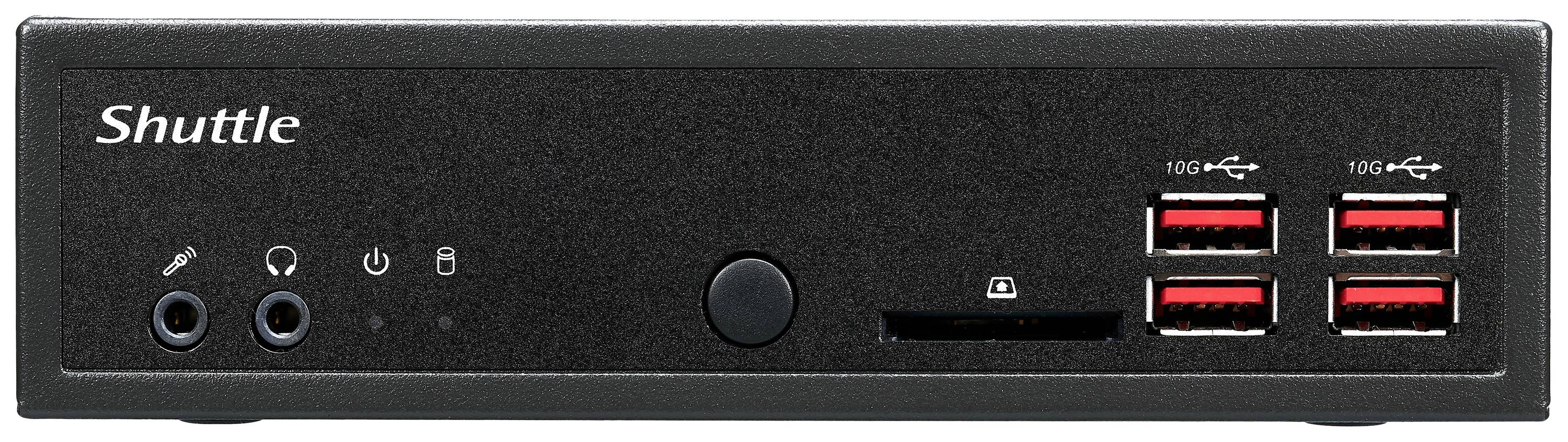 Ein schwarzes Mini-PC-Gehäuse der Marke Shuttle, mit sechs USB-Anschlüssen auf der rechten Seite und ein Einschaltknopf in der Mitte.