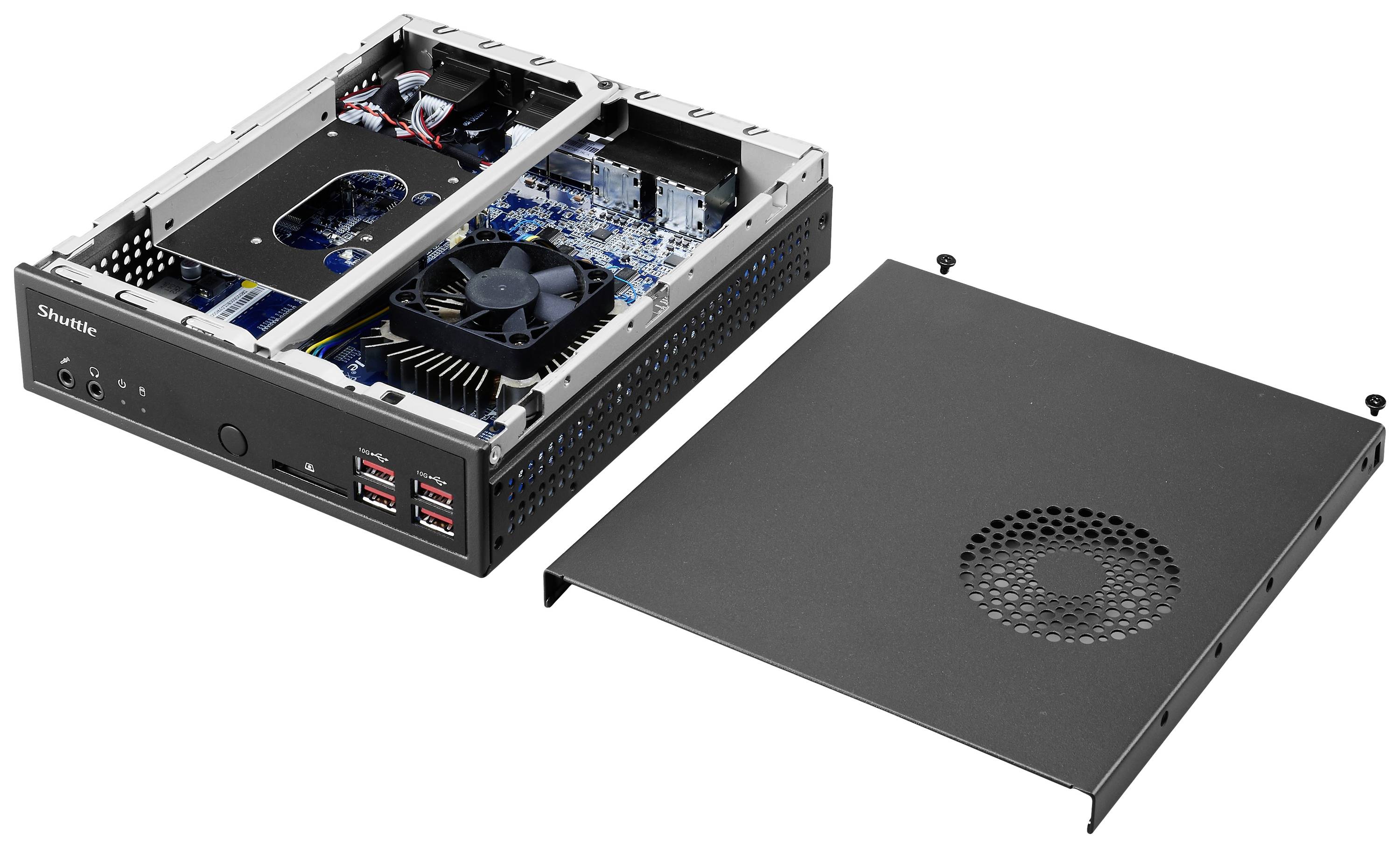 Ein offenes PC-Gehäuse mit sichtbaren Komponenten wie Lüfter, Hauptplatine und Anschlüssen; der Deckel liegt daneben.