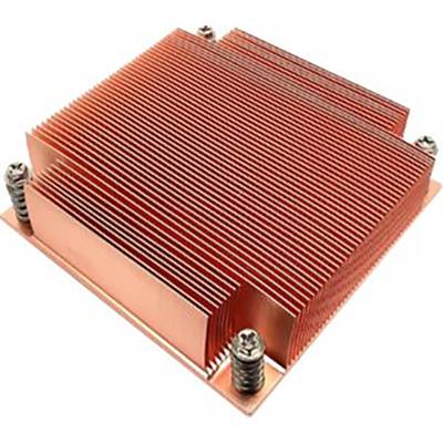 Kupferner Kühlkörper für Computerprozessoren mit vielen feinen Lamellen zur Wärmeableitung, montiert auf einer Metallhalterung.