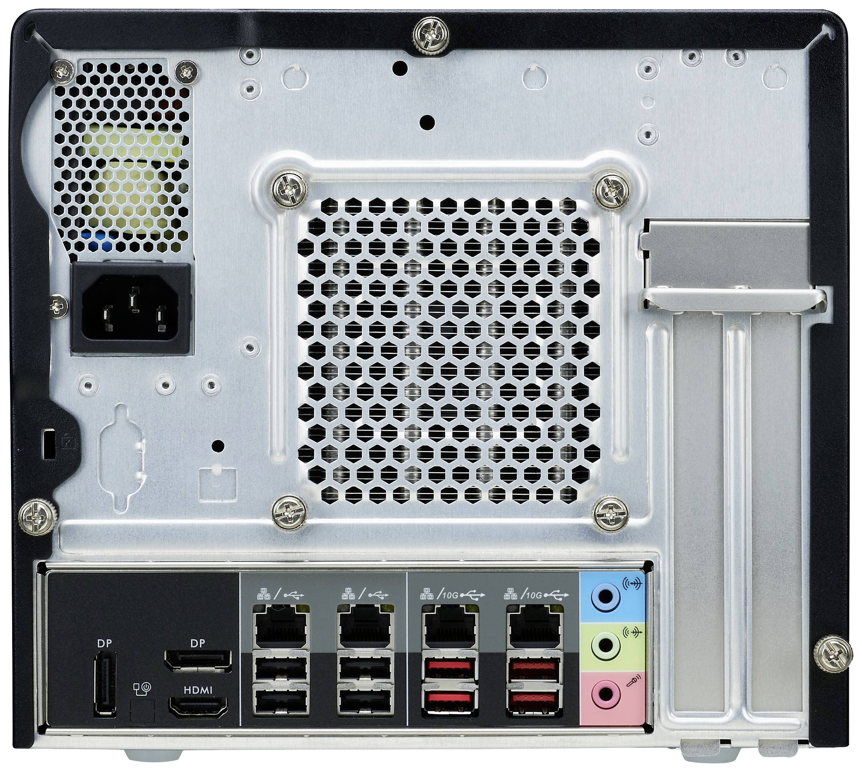 Rückseite eines Computergehäuses mit Lüftungsgitter, Netzteilanschluss und verschiedenen Audio- und USB-Anschlüssen.