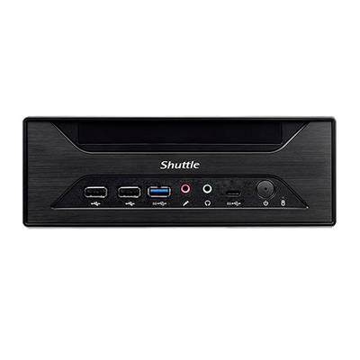 Ein kompakter schwarzer Computer mit mehreren Anschlüssen auf der Vorderseite, einschließlich USB und Audio, und der Marke 'Shuttle'.