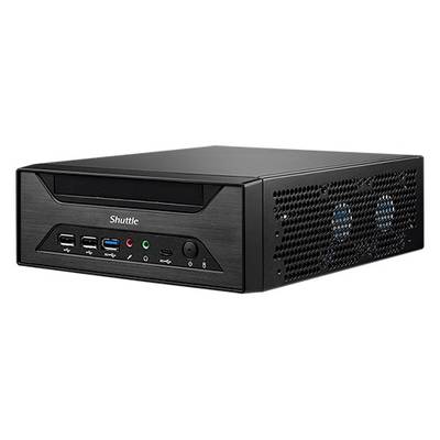Ein kompakter schwarzer Shuttle-PC, horizontal aufgestellt. Vorderseite zeigt USB-Anschlüsse, Audioanschlüsse und Bedienknöpfe.