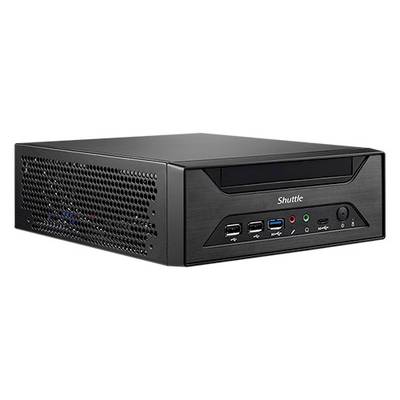 Kleiner, schwarzer Desktop-PC im Mini-Format mit USB-Anschlüssen und Belüftungsgitter an der Seite.
