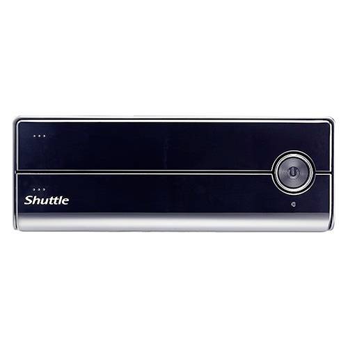 Schwarze Shuttle-Computerbox mit Ein/Aus-Schalter rechts. Geeignet für kompakte PCs oder Mediacenter-Setups.