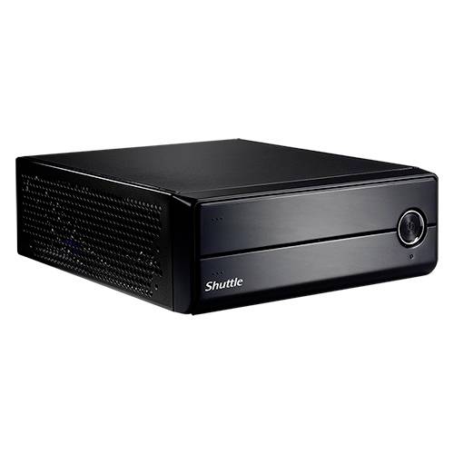 Schwarzer Mini-PC mit kompaktem Gehäuse. Gerät wird waagerecht gezeigt mit Blick auf die Frontseite, die ein CD-Laufwerk enthält.