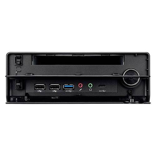 Schwarzes Computergehäuse mit Anschlussblende. Zu sehen sind USB-Anschlüsse, Audioeingänge und ein CD-Laufwerksslot auf der Vorderseite.
