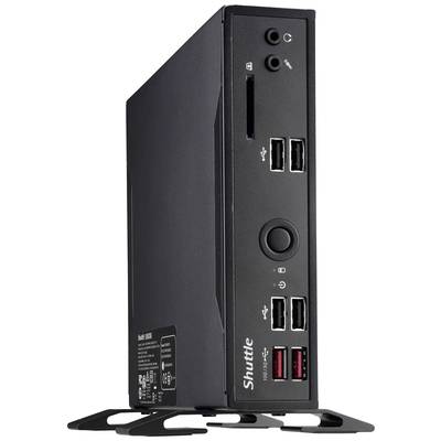 Ein schwarzer Shuttle Mini-PC mit mehreren USB-Anschlüssen, einem SD-Kartensteckplatz und Audioanschlüssen auf der Vorderseite.