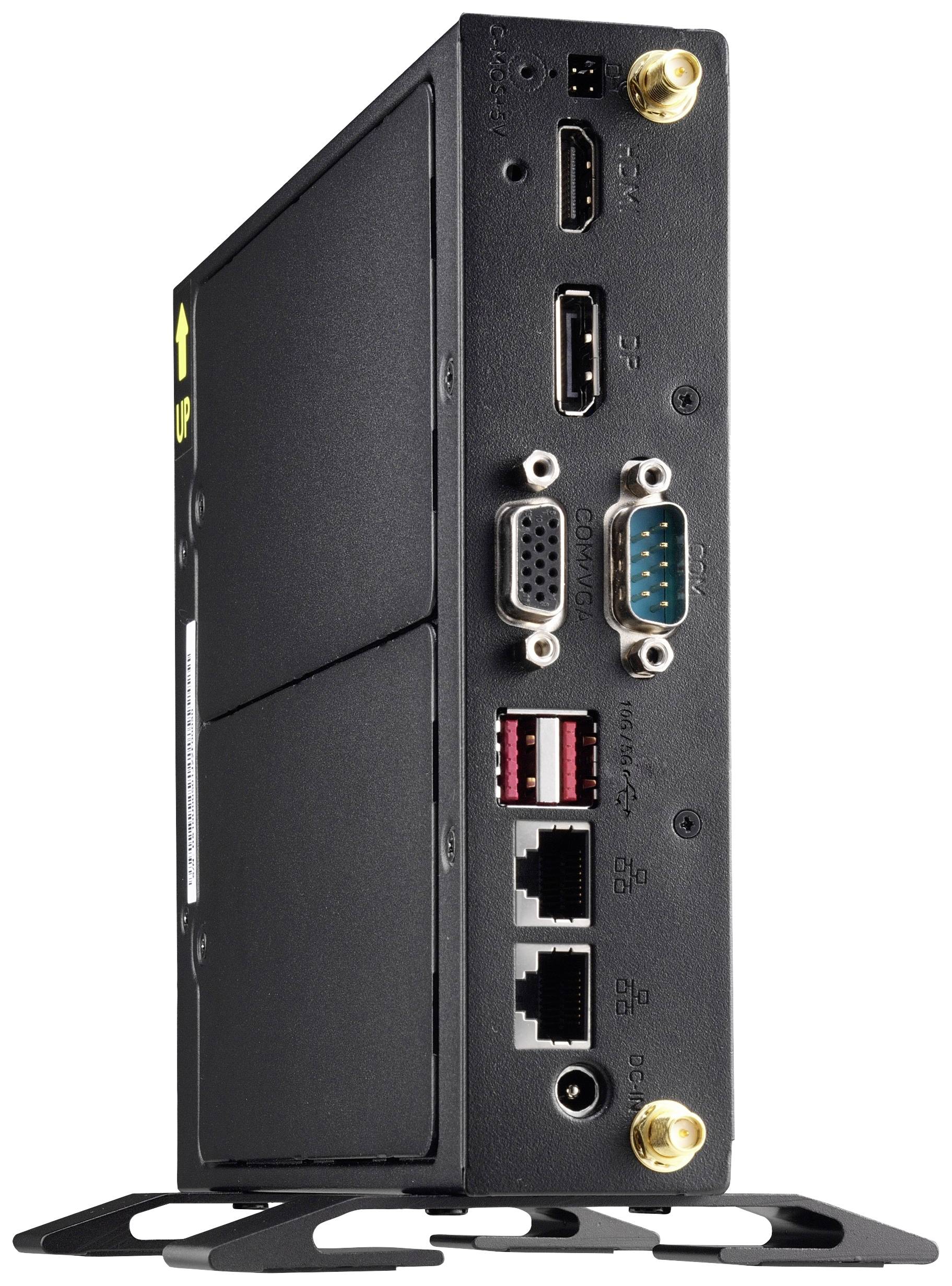 Kompakter schwarzer Industrie-PC mit mehreren Anschlüssen, darunter USB, HDMI, DP und Ethernet. Einige Schnittstellen sind beschriftet.