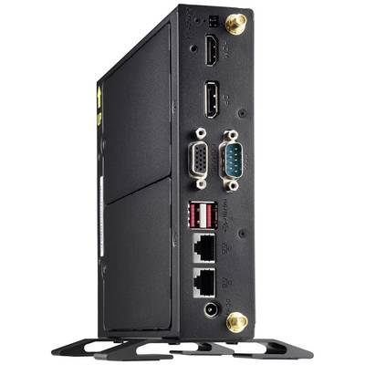 Kompakter schwarzer Industrie-PC mit mehreren Anschlüssen, darunter USB, HDMI, DP und Ethernet. Einige Schnittstellen sind beschriftet.
