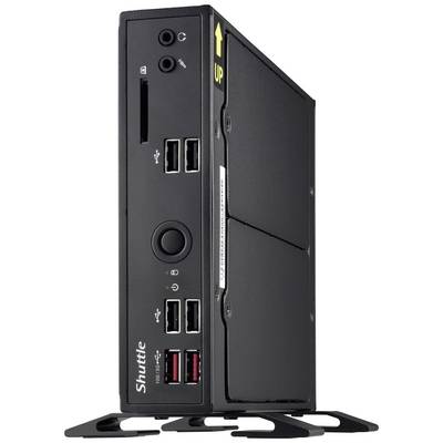 Ein kompakter schwarzer Computer mit vertikaler Ausrichtung, mehreren USB-Anschlüssen, einem Kartenleser und einem Einschaltknopf.