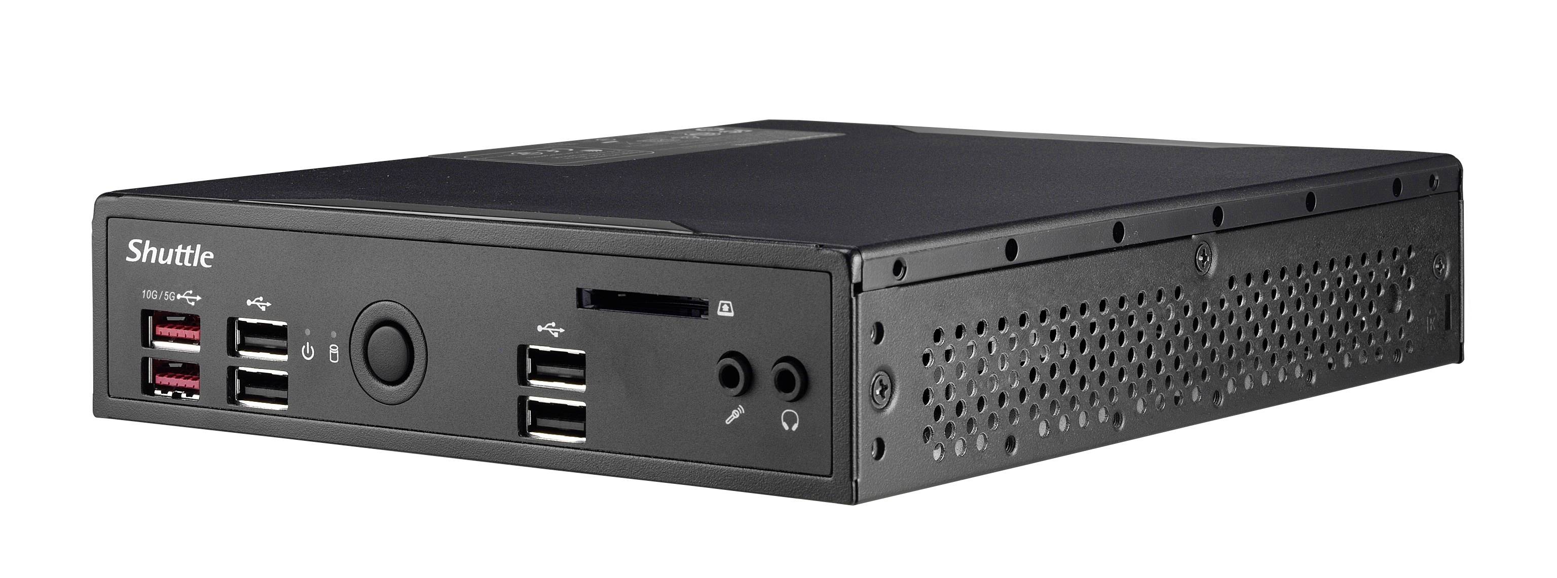 Ein schwarzer Mini-PC mit USB- und Audiobuchsen an der Vorderseite.