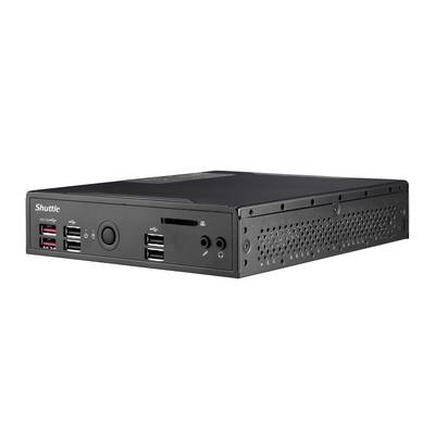 Ein schwarzer Mini-PC mit USB- und Audiobuchsen an der Vorderseite.