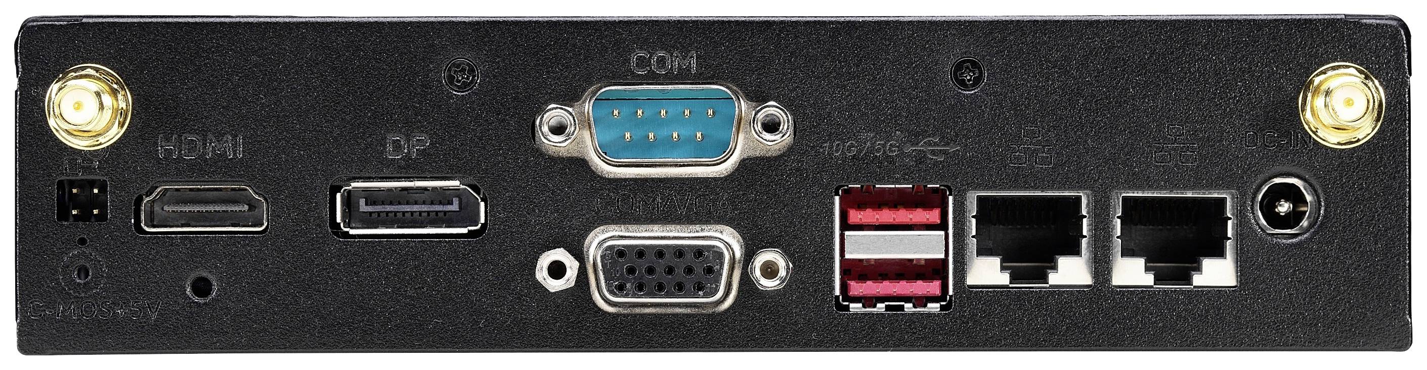 'Rückseite eines Computergeräts mit HDMI-, DisplayPort-, COM-, VGA-Anschluss, zwei USB-Anschlüssen und zwei Ethernet-Anschlüssen.'