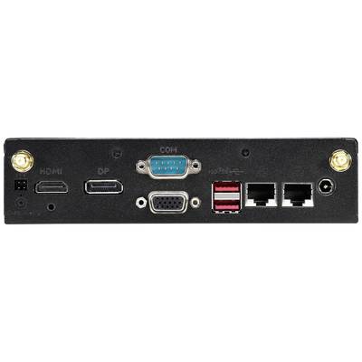 'Rückseite eines Computergeräts mit HDMI-, DisplayPort-, COM-, VGA-Anschluss, zwei USB-Anschlüssen und zwei Ethernet-Anschlüssen.'