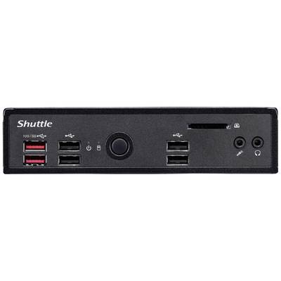 Schwarzer Mini-PC von vorne, sechs USB-Anschlüsse, Power-Button in der Mitte, SD-Kartensteckplatz rechts, Audioanschlüsse rechts unten.