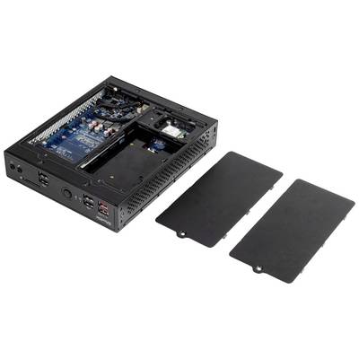 'Schwarzer Mini-PC mit offenem Gehäuse, zeigt Hauptplatine, Kühlkörper und zwei abnehmbare seitliche Abdeckungen.'