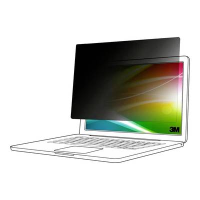 Laptop mit einem Sichtschutzfilter, der teilweise über dem Bildschirm angebracht ist, blendet seitlich die Sicht ab, während der Bildschirm bunt leuchtet.