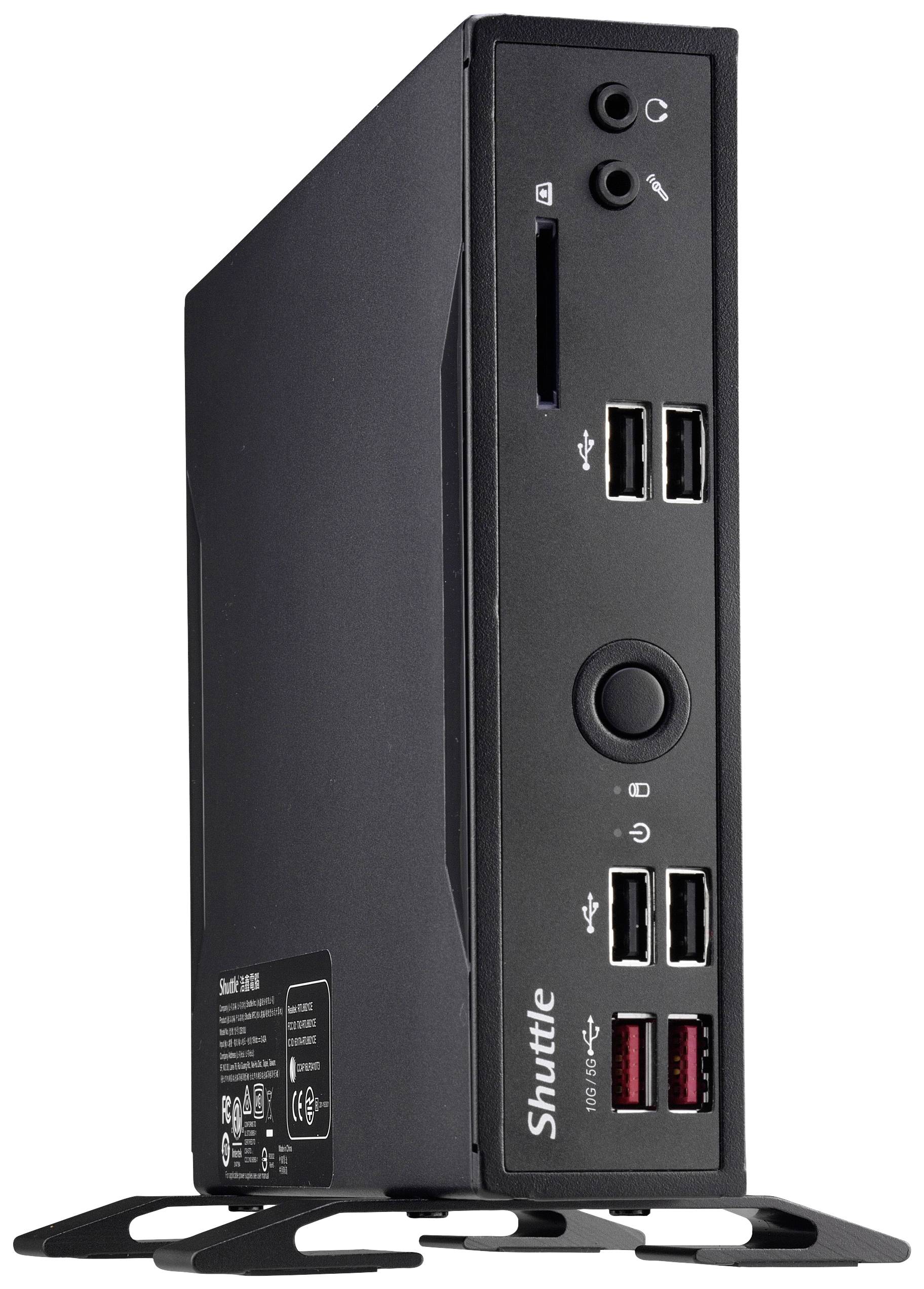 Ein schwarzer Mini-PC im Hochformat. Er hat mehrere USB-Anschlüsse, einen Power-Knopf und Audio-Buchsen auf der Vorderseite.