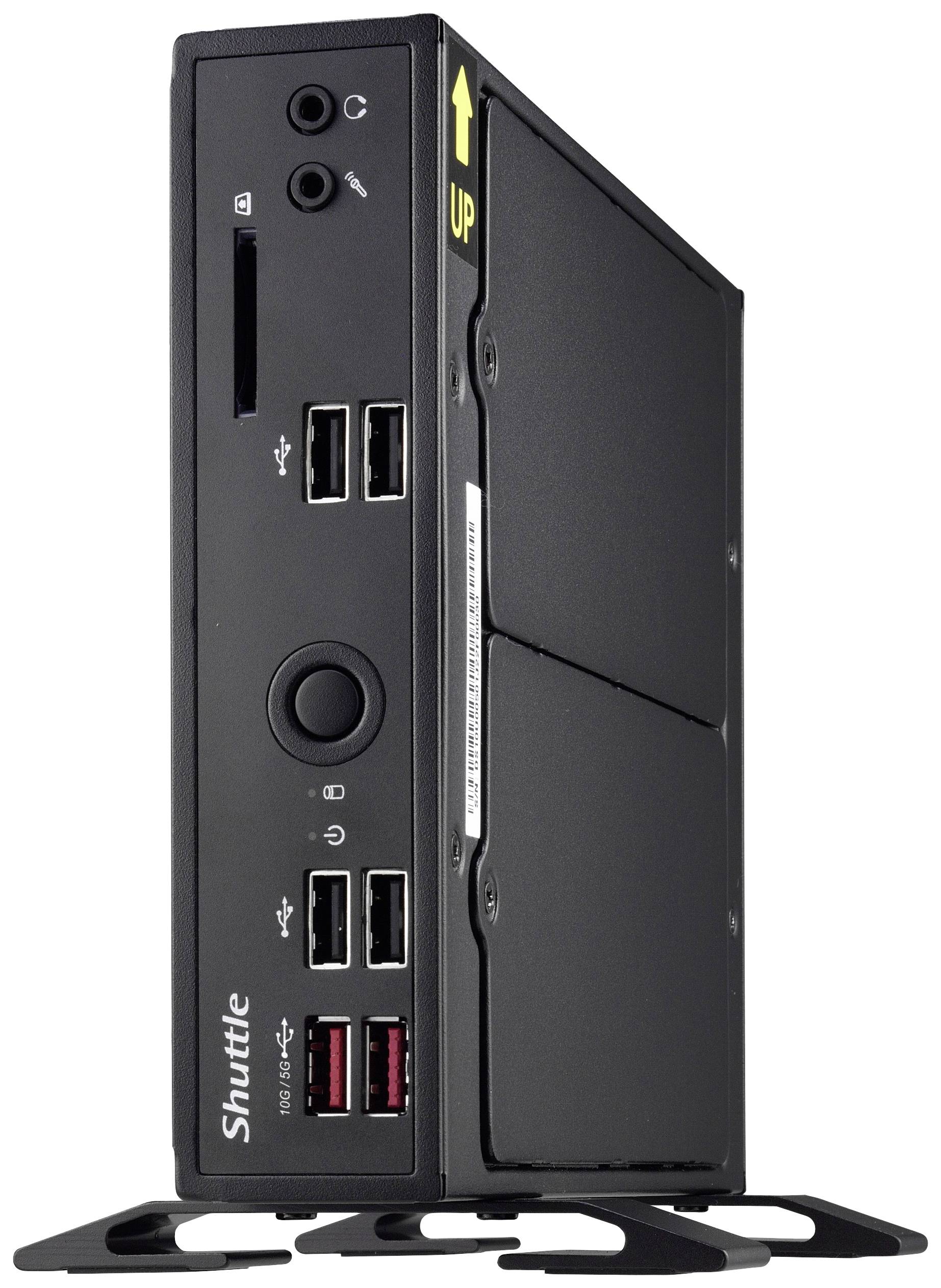 Ein schwarzer Mini-PC mit mehreren USB-Anschlüssen, einem Einschaltknopf und einem Kartenleser an der Vorderseite, stehend auf einem Standfuß.